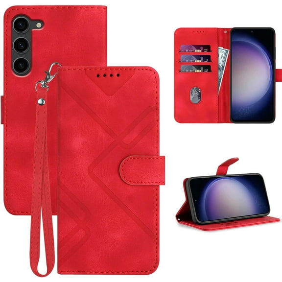 S23 Plus Case Wallet,for Galaxy S23 Plus Wallet Case,Card Holder Leather Kick-Stand Flip Cases Protector,Wrist Strap, Closure,Shockproof Protective Cover for Samsung S23  Plus (Red)