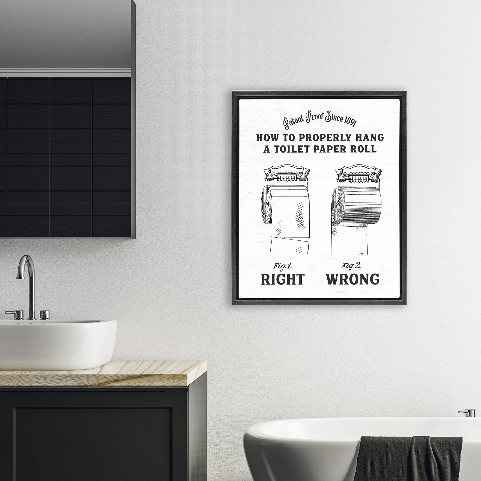 Right & Wrong Toilet Roll Black Framed Floater Canvas Wall Art, design by Lettered and Lined