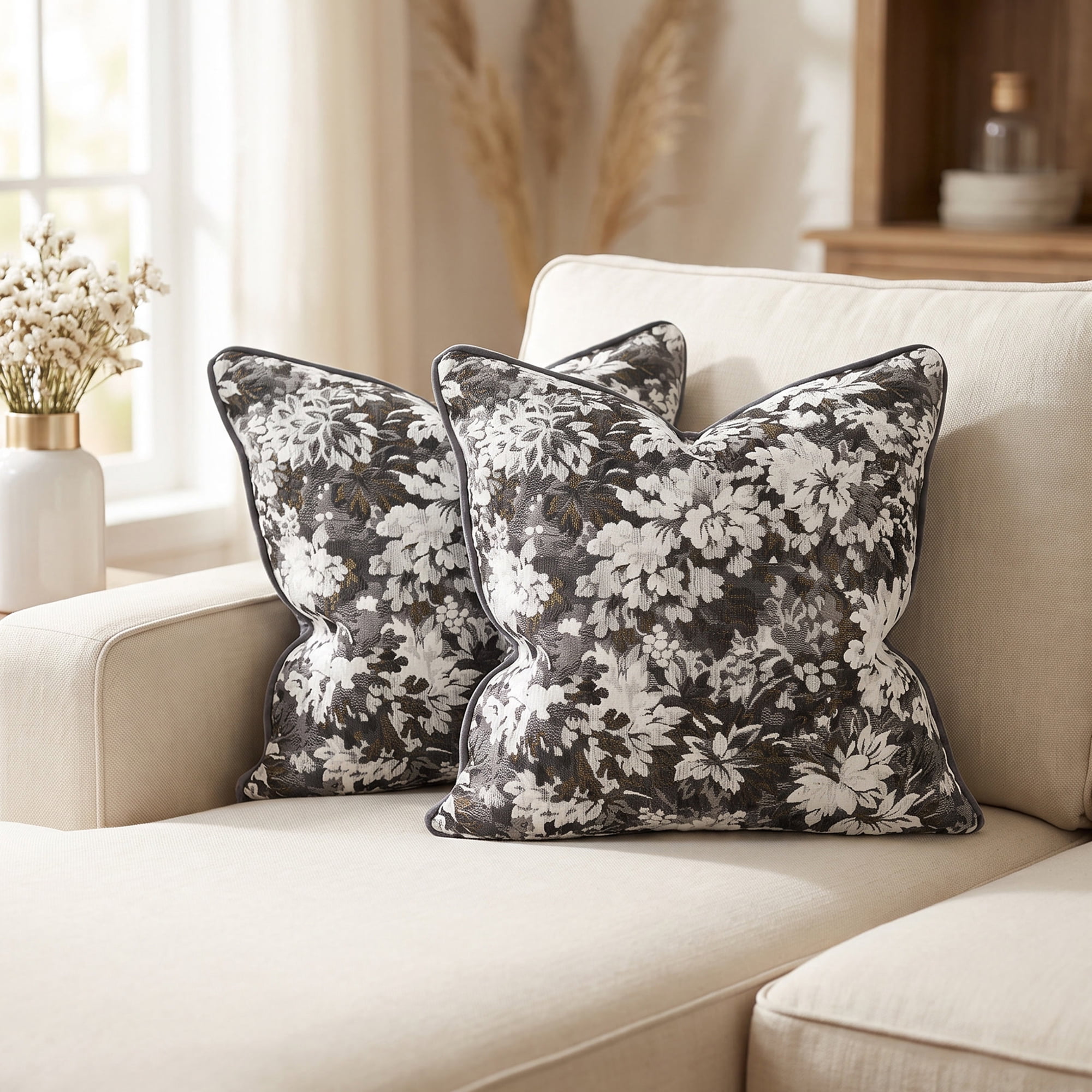 Unique Bargains Floral Throw Pillow Cover with Piped Edge Decor Cushion Case Black 18"x18"