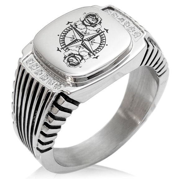 Stainless Steel Nautical Floral Rose Compass CZ Ribbed Needle Stripe Pattern Biker Style Polished Ring