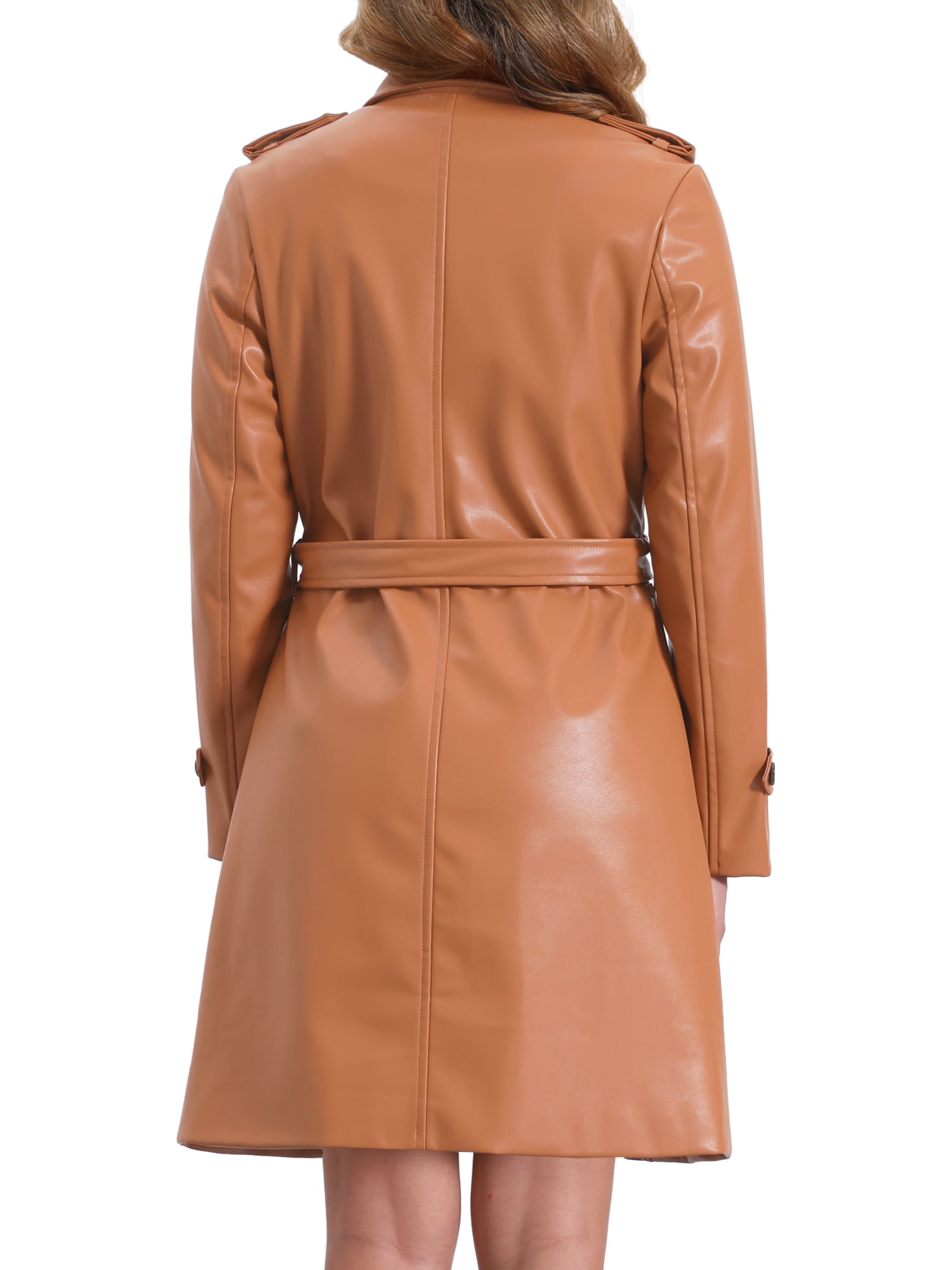 INSPIRE CHIC Faux Leather Long Jacket for Women's Lapel Slim Fit Long Sleeve Zip Coats S Caramel
