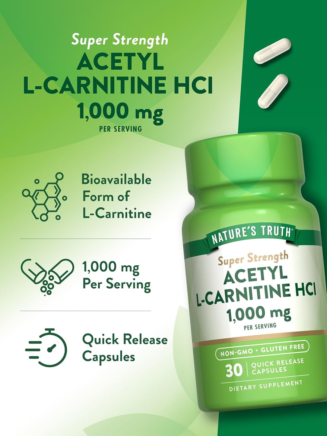 acetyl-l-carnitine 1000mg Nature's Truth Acetyl L-Carnitine HCL 1000mg, 30 Capsules, Non-GMO, Gluten  Free ALCAR Supplement