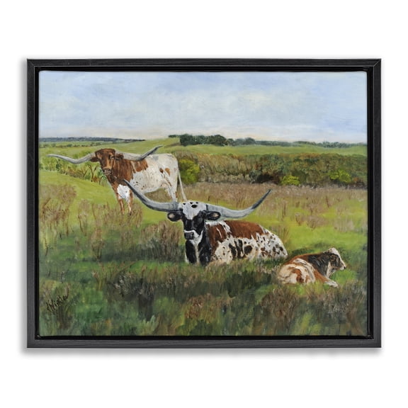 Stupell Industries Farmhouse Country Pasture Longhorn Cattle Black Floating Frame Canvas Art, 31 x 25, by Kathy Winkler