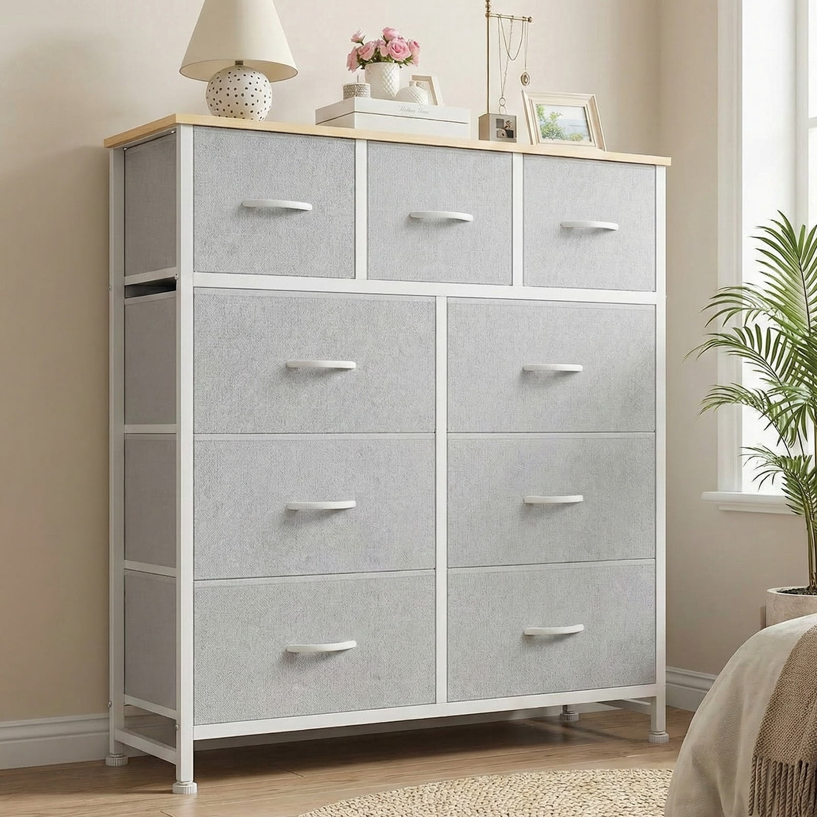 edx 9 Drawers Fabric Dresser for Bedroom, Drawer Organizer Storage Cabinet for Closet, Clothes, TV Stand, Light Gary