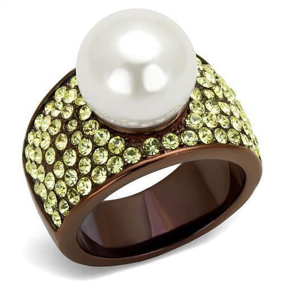 IP Coffee light Stainless Steel Ring with Synthetic Pearl in White for Women White Stone Color Style TK2715 Size 10