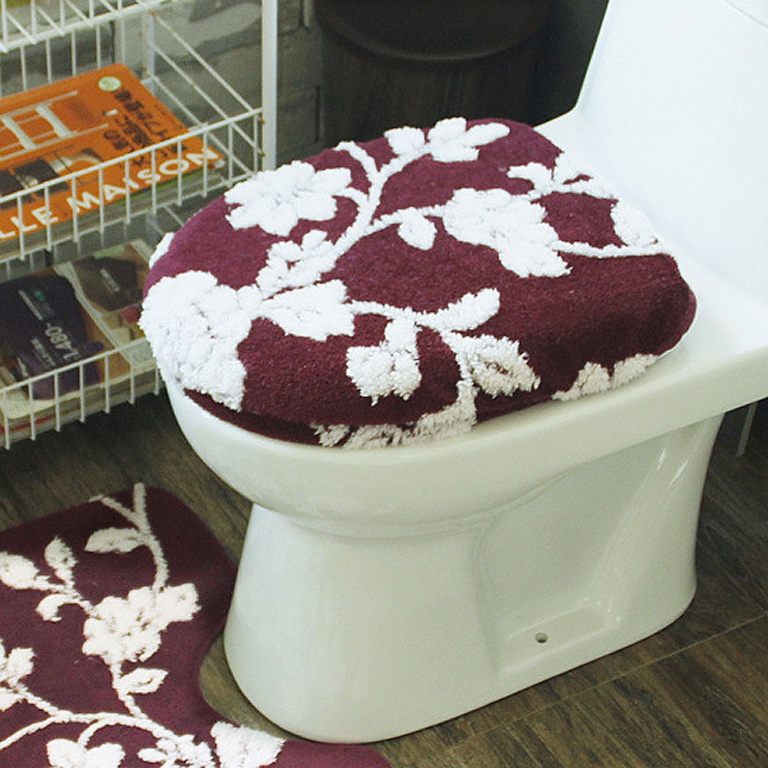 Bathroom Round Shaped Flower Pattern Washable Mat Toilet Seat Cover