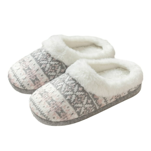 Women's Memory Foam House Slippers Sweater Knit Embroidered Pattern and Ribbed Hand-Knit Collar House Shoes