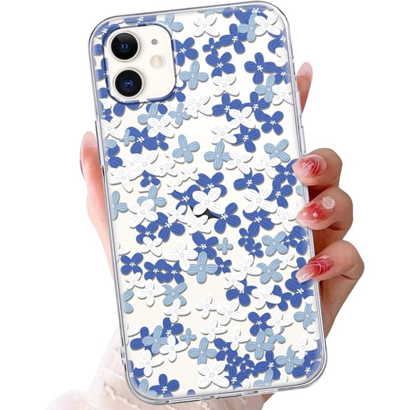 Floral for iPhone 11 Case 6.1", Cute Flowers Pattern Design Shockproof TPU Soft Clear Cover for Women Girls Flower Pattern Phone Cases-White and Blue