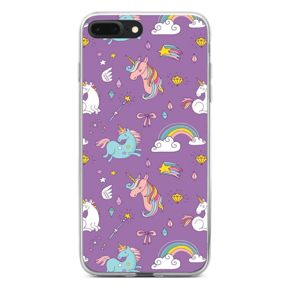 DistinctInk Clear Shockproof Hybrid Case for iPhone 7 PLUS / 8 PLUS (5.5" Screen) - TPU Bumper, Acrylic Back, Tempered Glass Screen Protector - Unicorn Rainbow Wand Pattern - Purple