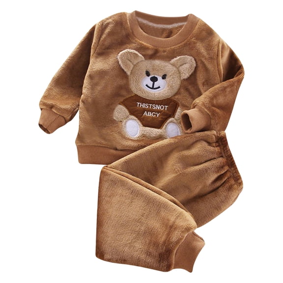 WOYY Boys Flannel Pajamas Cute Bear Embroidery Long Sleeve Top Pants Sleepwear, Sizes 6M-6Y