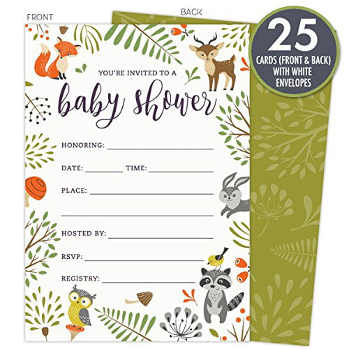 Woodland Baby Shower Invitations with Owl and Forest Animals Set of 25