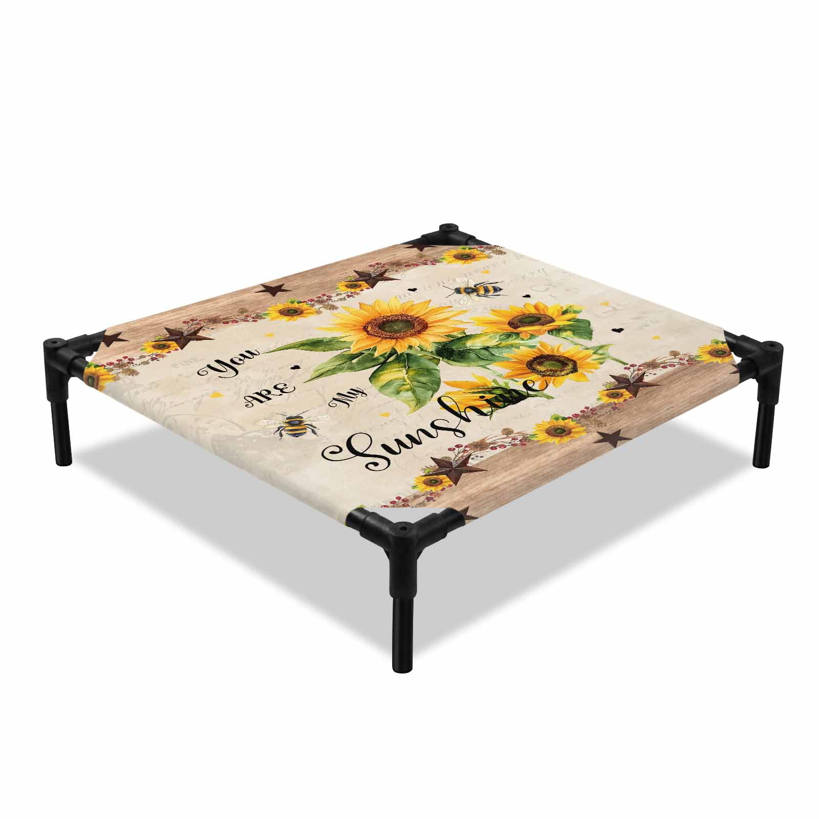 Sunflower Bee Elevated Dog Bed You Are My Sunshine Cooling Breathable Outdoor Raised Dog Cot Bed with Metal Frame Non-Slip Feet for Small Dog 20x20in