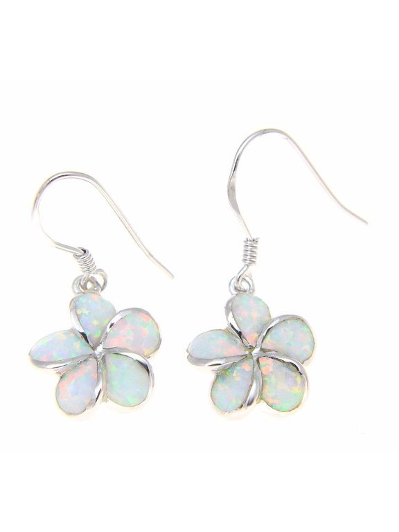 925 sterling silver Hawaiian plumeria flower white synthetic opal wire hook earrings 12mm