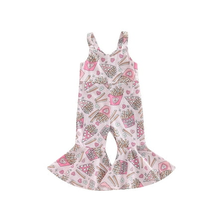 

Valentine s Day Toddler Baby Girls Outfit Sleeveless Heart Print Romper Jumpsuit Flared Bell-Bottoms Pants Overalls