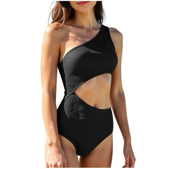 DISKEBUISS Women's One Pieces Ribbed Swimsuit One Shoulder Slimming Cut Out Swimwear Sexy Bathing Suit