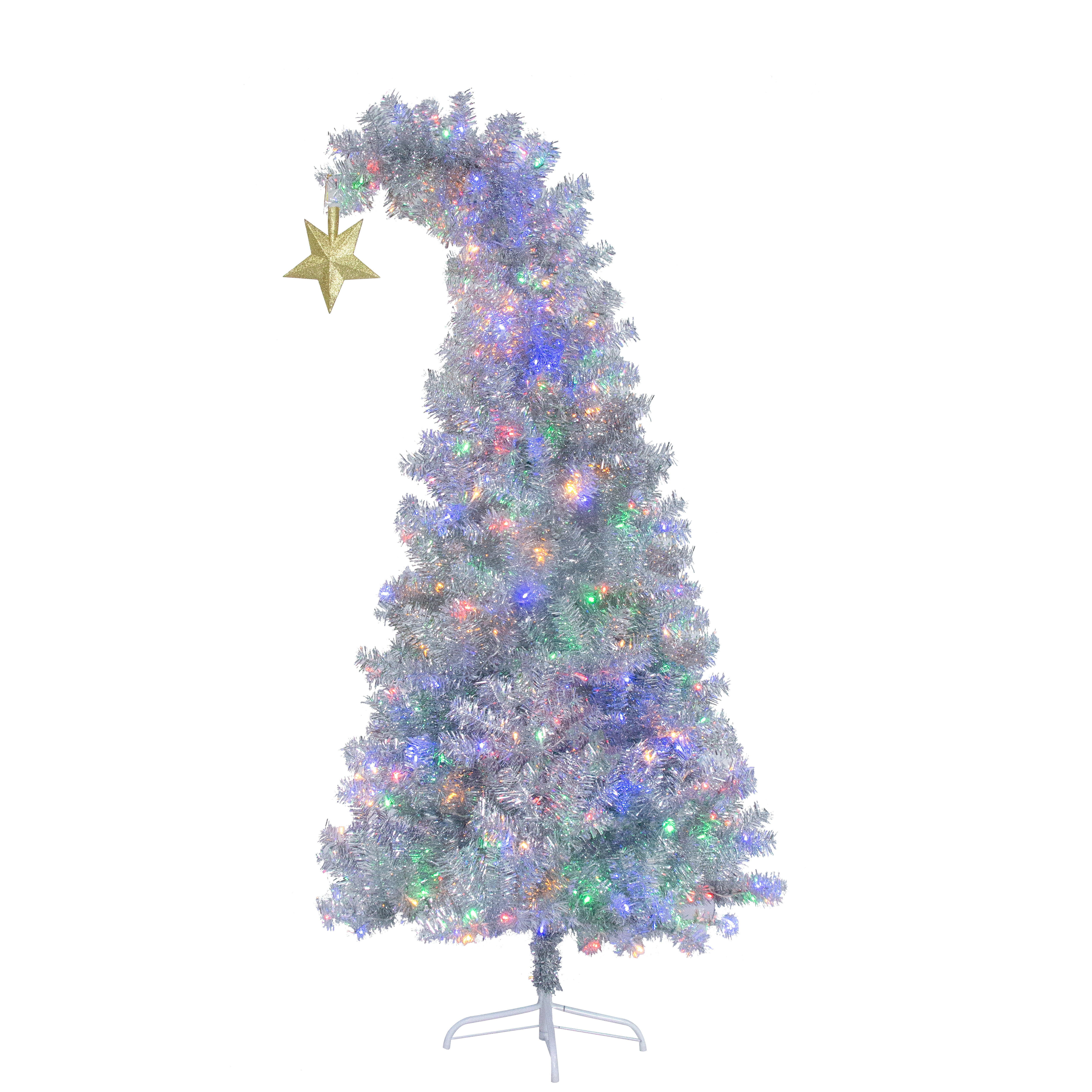 6FT Pre-lit Christmas Tree W/Colorful Lights, Bent Top Artificial