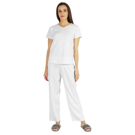 Inkmeso Womens 2Pcs Solid Nightwear Set Short Sleeves Top & Pajama Sets Soft Cotton Loungewear