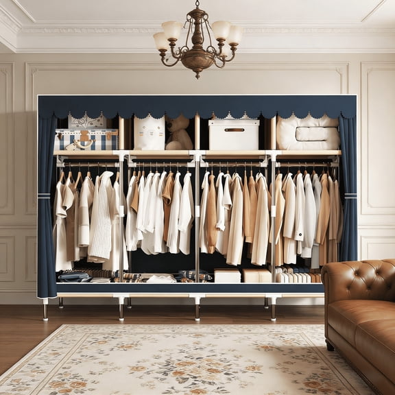 Portable Closet Storage Organizer Clothes Wardrobe Shoe Clothing Rack Shelf Dustproof Non-woven Fabric, Quick and Easy to Assemble, Blue.