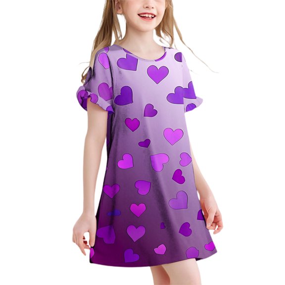 Abtuhar Girls 3 to 12 Years Summer Short Sleeve Round Neck All Over Print Loose Night Dress for Indoor Rest