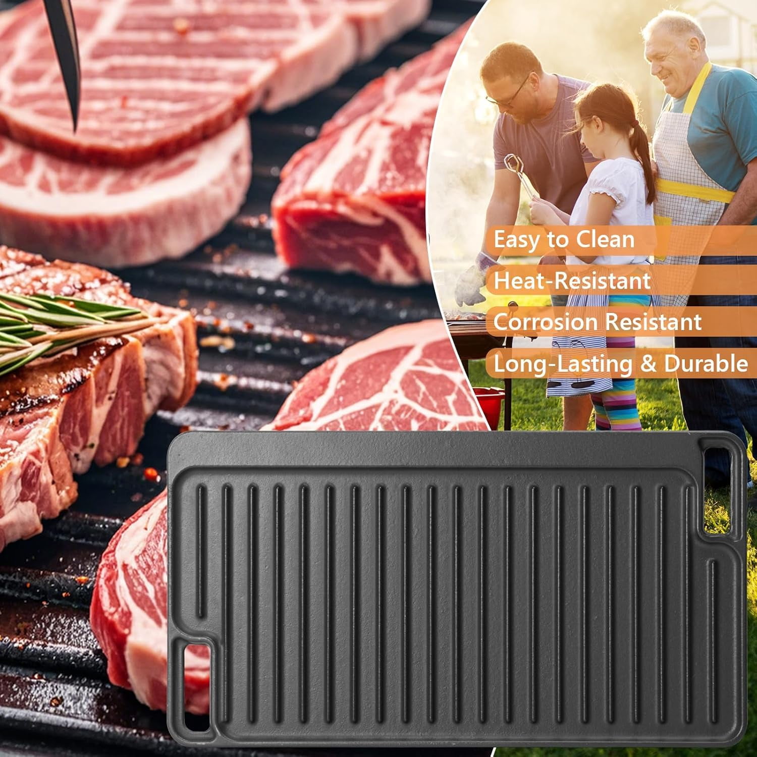 Large Cast Iron Griddle Insert,  Skillet, Reversible Pancake Pan for Gas Stove, Oven & Campfire