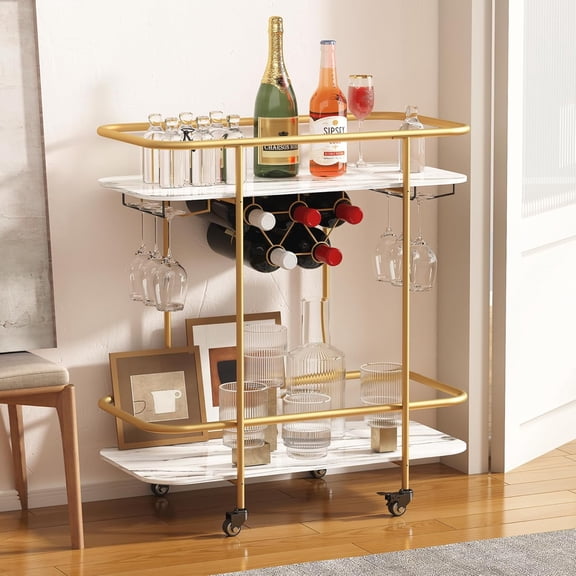 Gold Bar Cart on Wheels, Modern Marbled Pattern Wine Cart with Glass Holder and Wine Rack for Home Kitchen Living Room Party