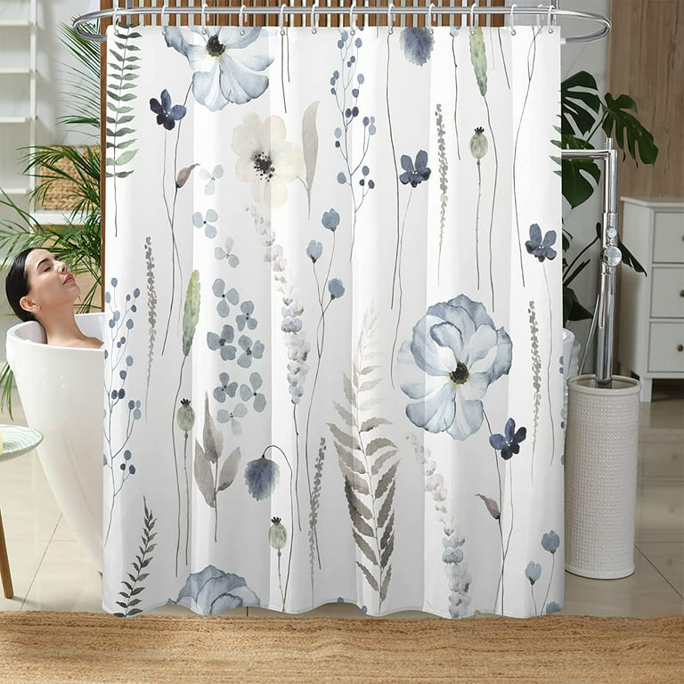 Floral Shower Curtain Set,Blue Beige Poppy Flowers Shower Curtains for  Bathroom,Watercolor Lush Botanical Waterproof Fabric Bath Curtain with 12  Hooks 72x72in 