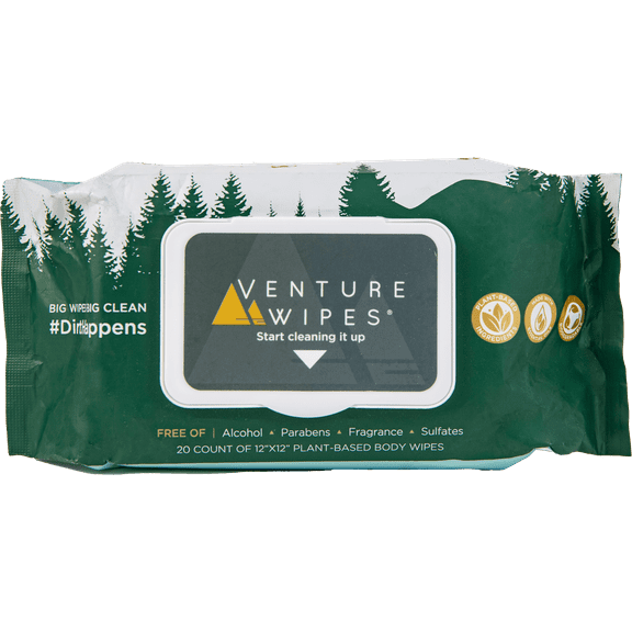 Venture Wipes Large Body Wipes for Adult Bathing, Biodegradable Adult Wipes with Aloe, Vitamin E, and Tea Tree Oil, Workout Shower Wipes for Men and Women, 20 Count Pull Pack