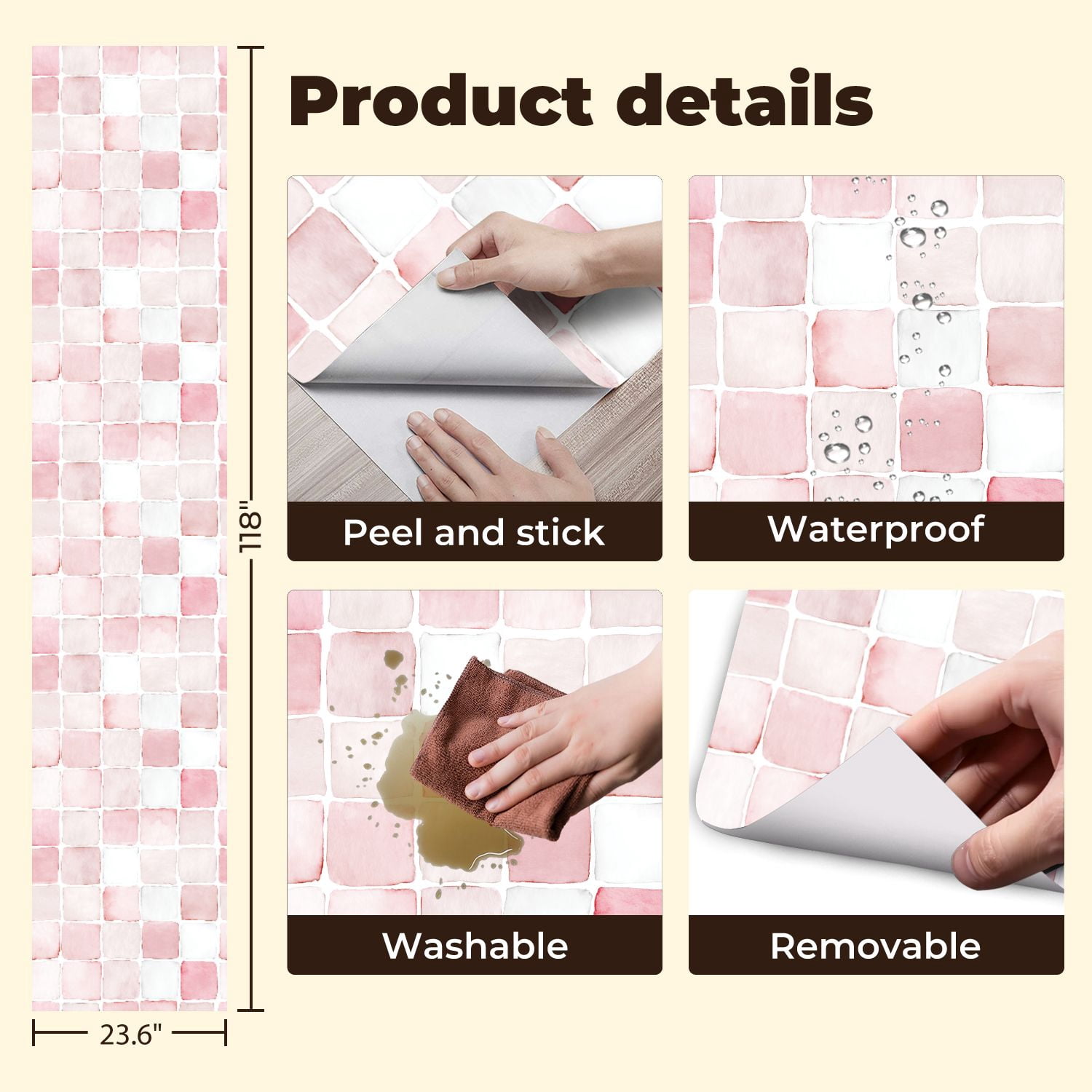 Pastel Peel and Stick Wallpaper Serene Pastel Pink White Geometric Curved Edges Wall Mural 23.6in x 9.8ft Self Adhesive Removable Wall Paper Renter Friendly Wallpaper for Girls Bedroom Classroom