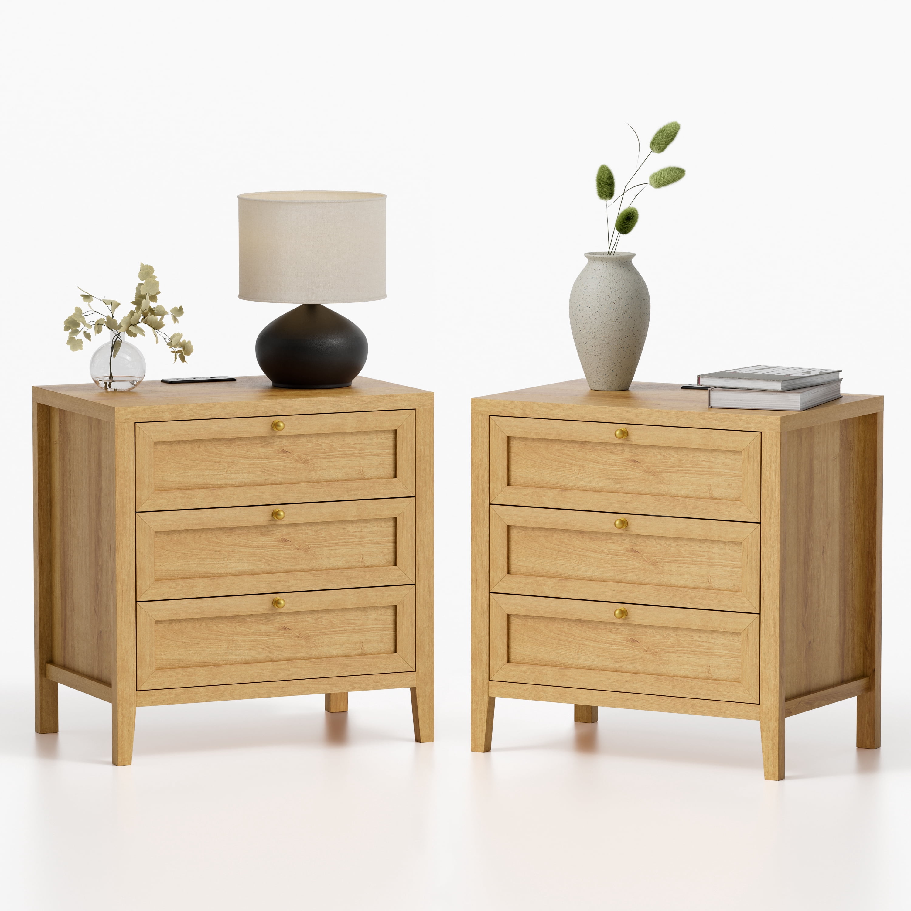 EYYTHUNG Large Nightstand Set of 2 with 3 Drawers, Farmhouse Bedside End Table with Charging Station, Modern Wood Night Stand, Natural Oak