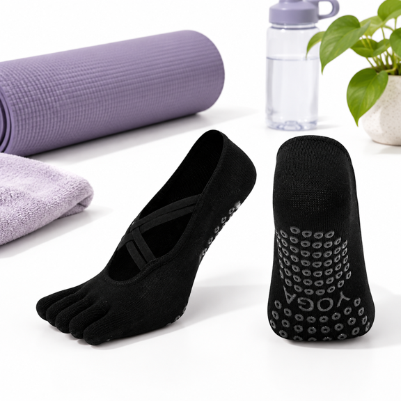 Black One Size Five Grip Pilates Yoga Socks for Barre Ballet Fitness