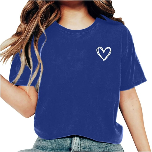 AherBiu Hauts d'Été pour Femmes Manches Courtes T-Shirts Confortables Imprimé Cœur Col Rond Basiques Blouse