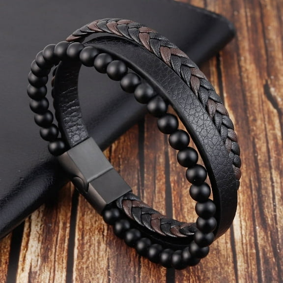 Wollet Natural Stone Volcano Stone Leather Bracelet Stainless Steel Leather Woven Bracelet Multi Layered Men's Jewelry