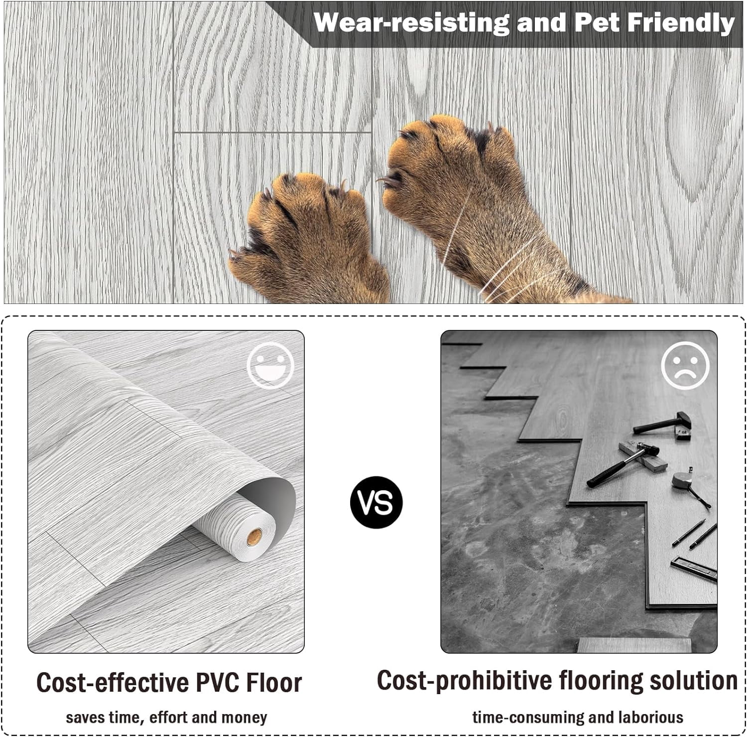 Oxdigi, PVC Peel and Stick Vinyl Flooring Roll, White Gray Wood Plank, 393.00 x 24.00 x 0.01 In
