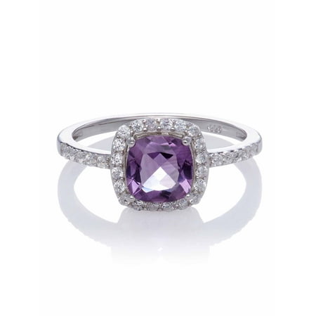 Amethyst Cushion-Cut with Created White Sapphire Ring, Size 7