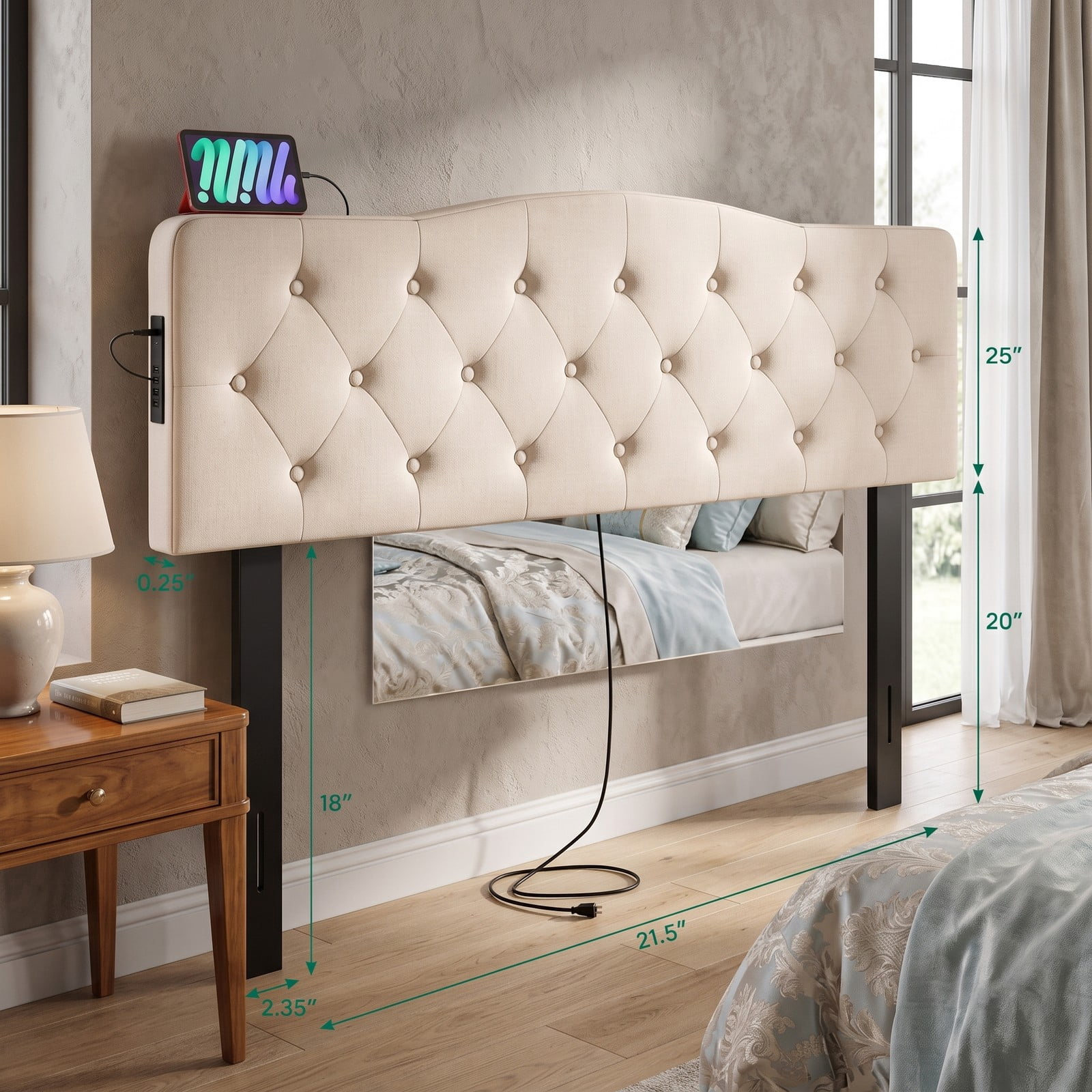 Furnibear Tufted Upholstered Headboard with Diamond Button Tufting and 2 AC Outlets and USB and Type-C Charging Ports for Full and Queen Beds, Beige