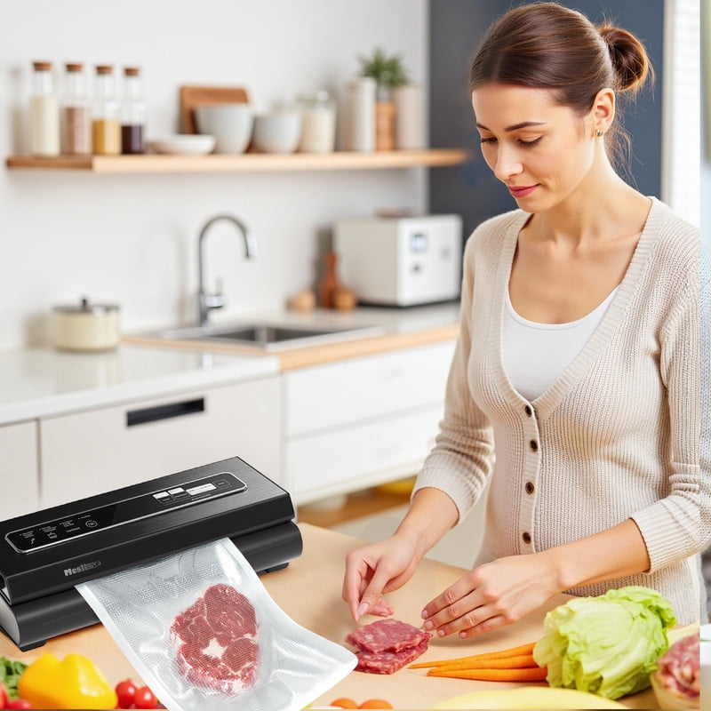 TINKLE WELL 6-in-1 Compact Vacuum Sealer Machine, Food Preservation System with Dry & Moist Modes, Includes 2 Bag Rolls + 5 Pre-Cut Bags, Cutter & ETL Listed, Black