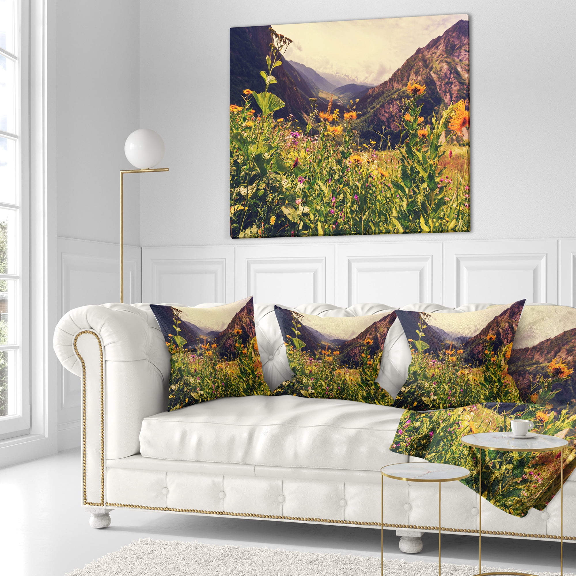 Designart Green Mountain Meadow with Flowers - Flower Throw Pillow - 16x16