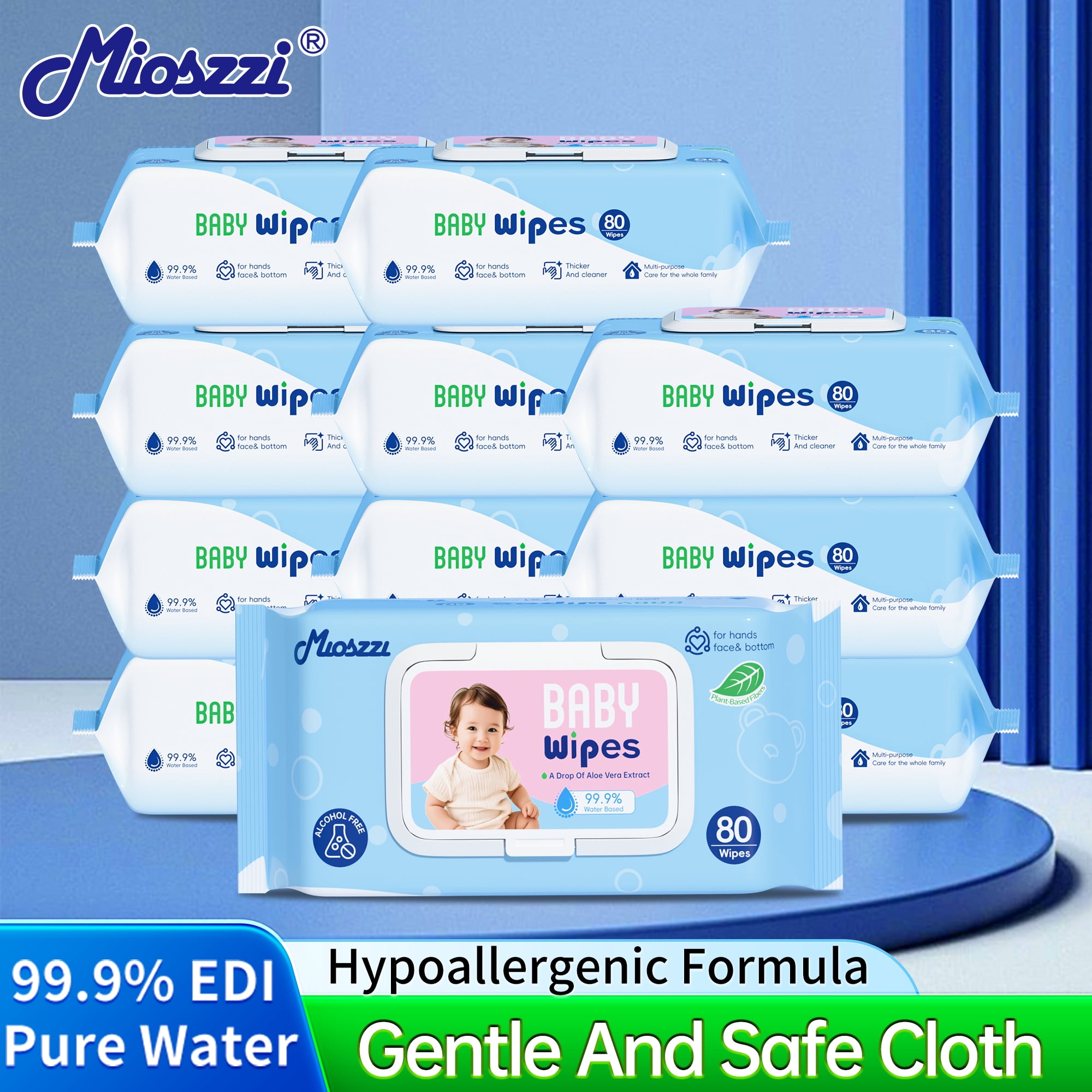 Mioszzi Baby Wipes, Unscented, Aloe, Gentle, Hypoallergenic, Hospital Grade, Plant-Based, 12 Packs, 960 Total Count