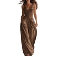 thumbnail image 3 of Boho Button Front Wide Leg Jumpsuit for Women - Sleeveless V-Neck Overall with Pockets, Flowy Casual Linen-Look Summer Romper Brown L, 3 of 6