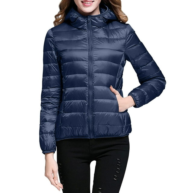 Packable down Jacket, Lightweight Hooded Puffer, White Duck down Coat Navy L , Coat