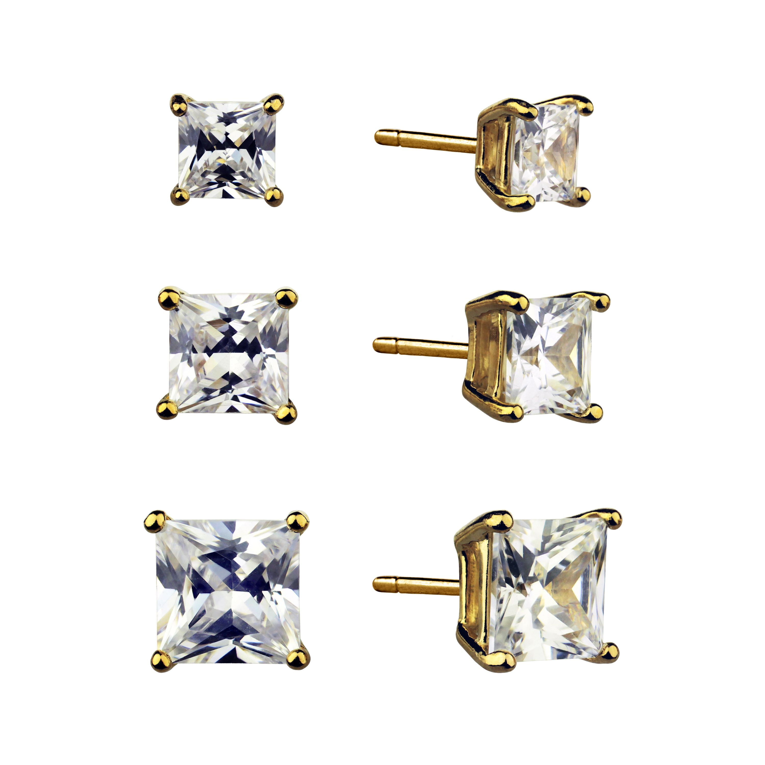 Brilliance Fine Jewelry Women's Simulated Diamond Trio Square Earring Set in 14KT Gold Plated Sterling Silver