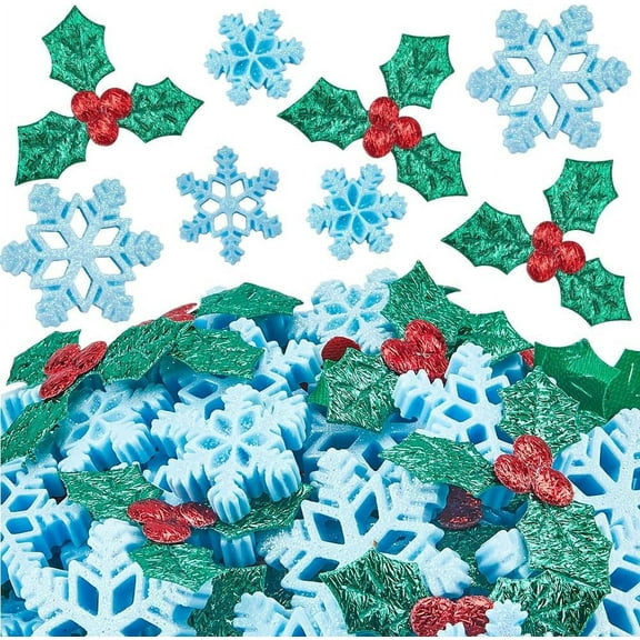 160Pcs Snowflake Cabochon Bulk Holly Leaves Christmas Blue Winter Xmas Leaf Berry Glitter Mini Decoration Cloth Cabochons for Scrapbooking Ornaments Card DIY Crafts Art Jewelry Accessories Blue