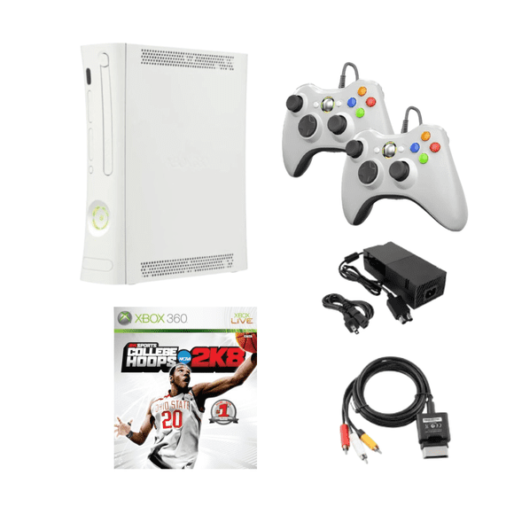 Microsoft Xbox 360 original Console Sports Bundle - Includes College Hoops 2K8 Game, 2 Wireless Controllers, and Essential Power/AV Cables (Refurbished)