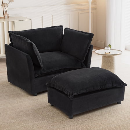 Modern Armchair Sofa 47" Cozy Upholstered Chenille Sofa Chair with Movable Ottoman, Wide Seat, Curved Armrests and Soft Pillows for Living Room, Bedroom, Apartment, Black