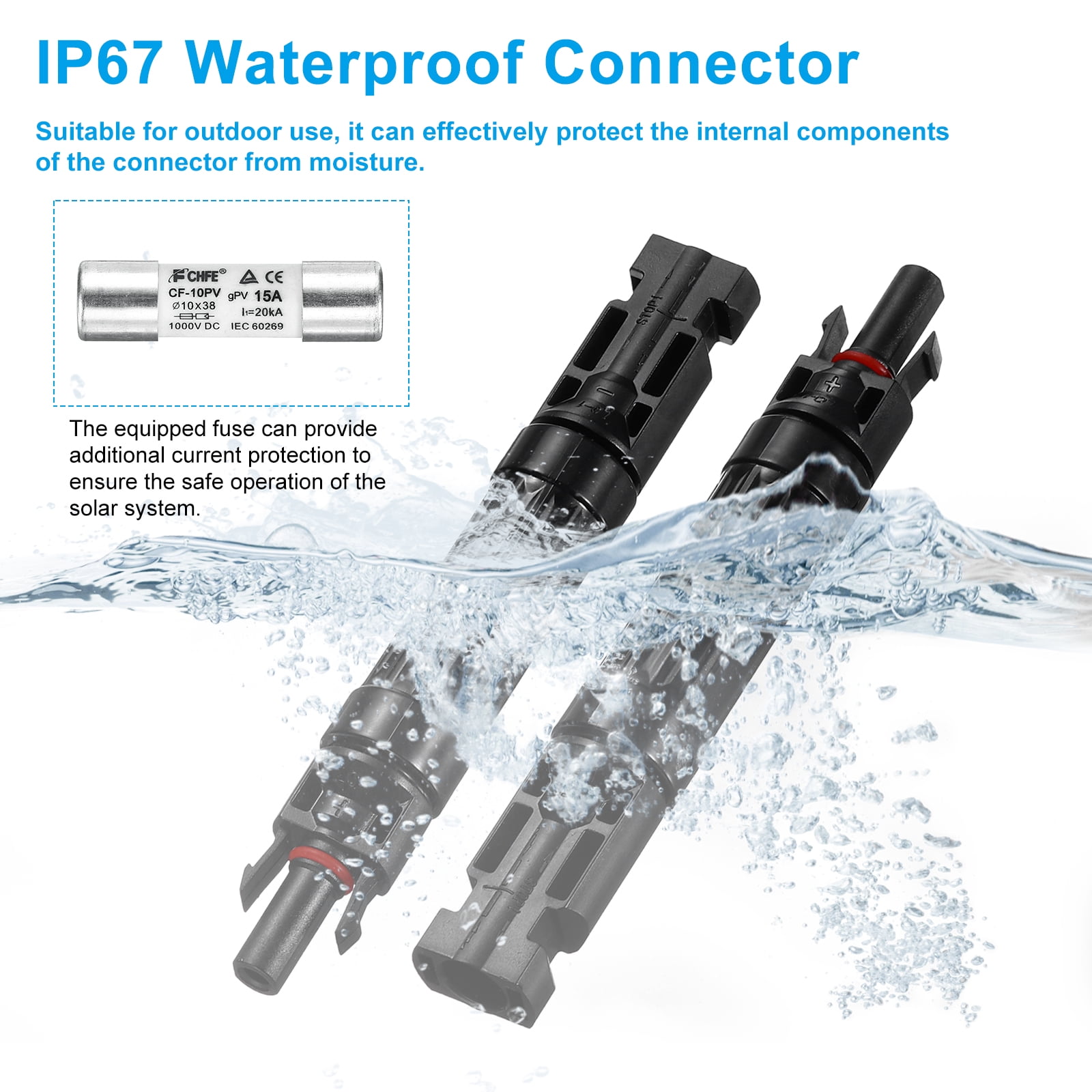 5 Pcs Solar Fuse Holder 15A 1000V Waterproof PV In-Line Fuse Holders with Fuse