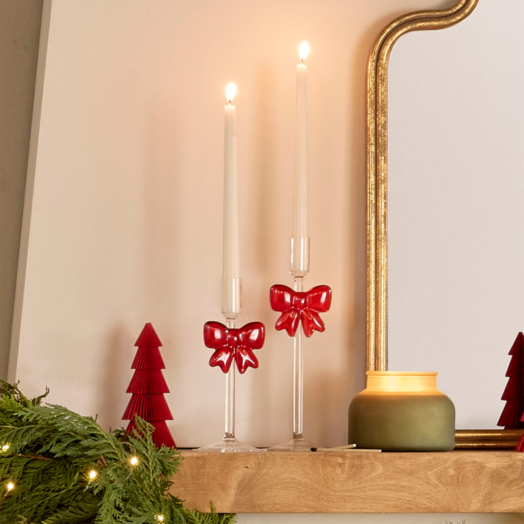 Large Clear Glass Christmas Taper Candle Holder with Bow, 10", by Holiday Time
