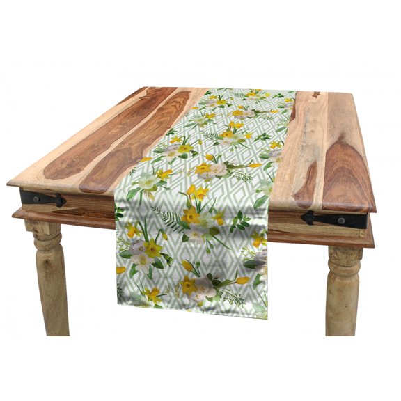 Watercolor Table Runner, Diamond Pattern Blooming Floral Arrangement Petals and Leaves, Dining Room Kitchen Rectangular Runner, 3 Sizes, by Ambesonne