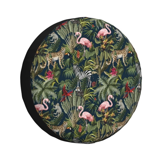 Saiise Flamants Roses et Feuilles de Palmier Imprimé Housse de Pneu en Cuir Imperméable, Protecteur de Roue Durable pour Jeep Wrangler, RV, SUV, Camion, et Remorques de Voyage-17 Pouces