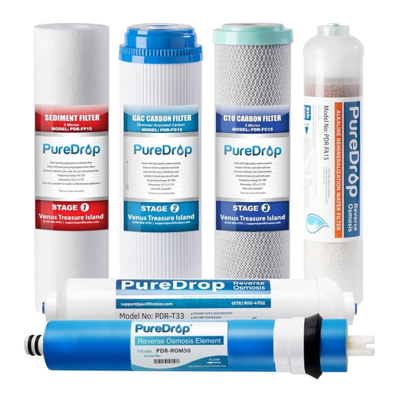 PDR-F6K Replacement Reverse Osmosis Water Filter Set for 6-Stage Under-Sink Water Filtration Systems with Alkaline Mineral Filter
