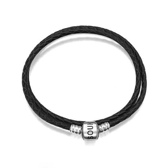 SOUKISS Genuine Black Leather Woven Bracelet with 925 Sterling Silver Barrel Snap Clasp Bead Bracelet for Charms (38 cm-15.0 inches)